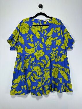 Easel Tiered Floral Babydoll Top Blue Yellow Oversized Boho Tunic Size M